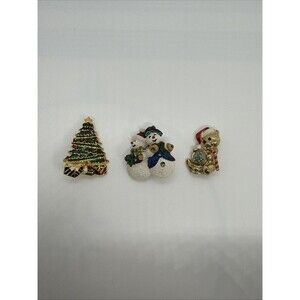 Lot of 3 Brooch Christmas Holiday Enamel Rhinestones Teddy Bear Snowman